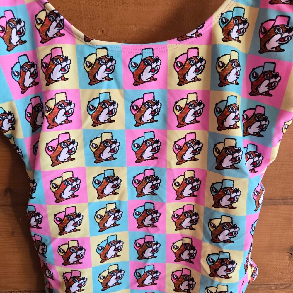 Buc-ee's One Piece Swimsuit Pastel Color Block Preppy Grid Pink S Beaver Logo - Picture 3 of 6